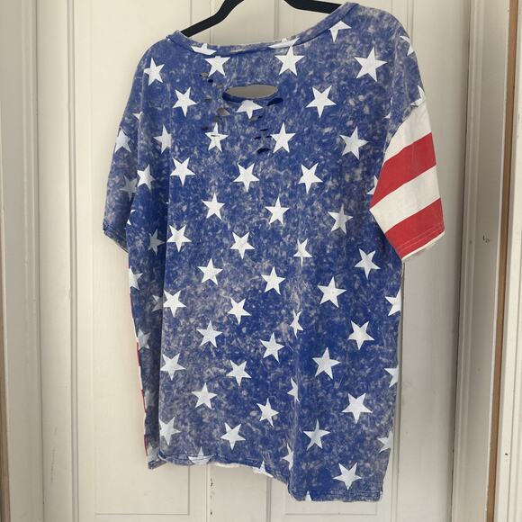 BiBi American Flag Theme Short Sleeves Round Neck Distressed T-Shirt Large - Picture 5 of 6